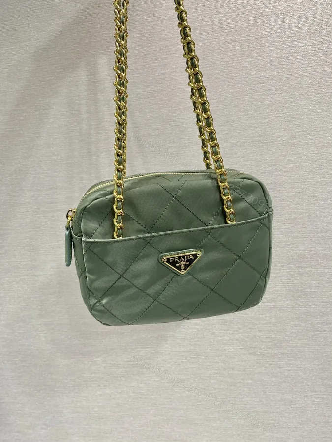 View 1 of QUILTED HOBO BAG 19 IN PICKLE GREEN HANDMADE NYLON GOLD HARDWARE