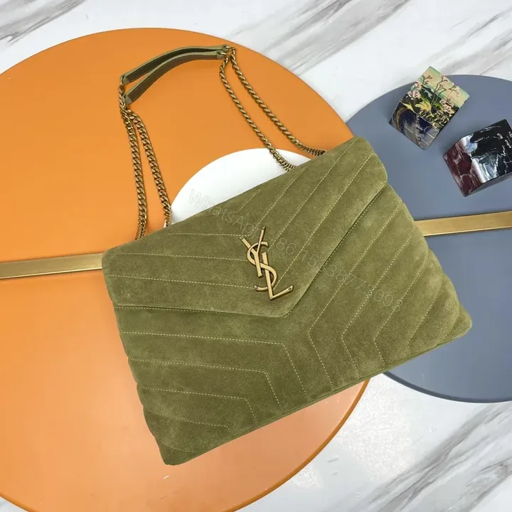 View 1 of Olive Suede YSL-Inspired Chain Shoulder Bag: Texture & Luxury