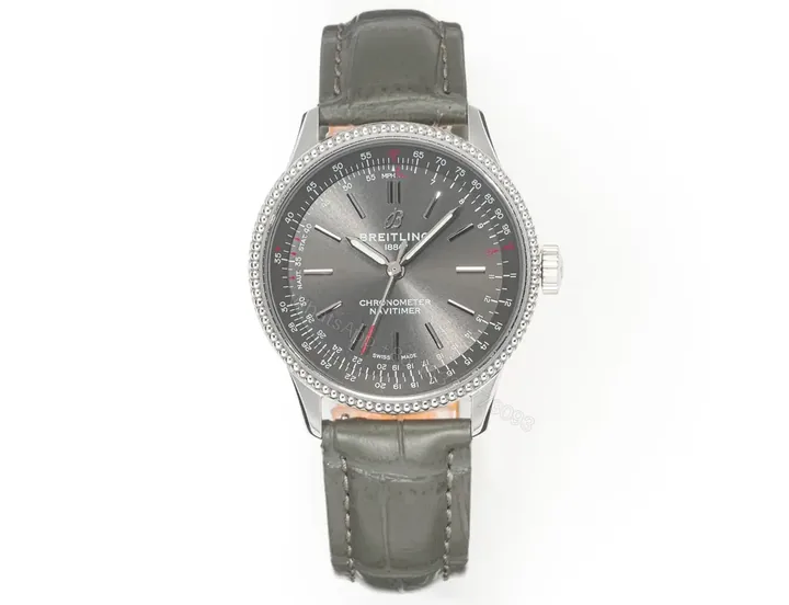 View 1 of OM Factory Breitling Women’s Navitimer Automatic Watch – Grey Dial, Stainless Steel Case, Leather Strap