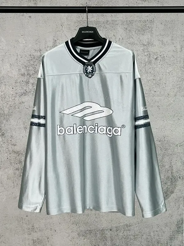 View 1 of Metallic Silver Balenciaga-Style Jersey: Bold Graphic, Relaxed Fit