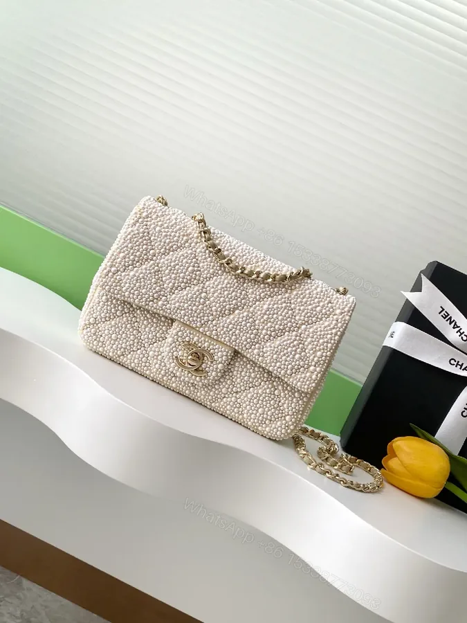 View 1 of Pearl-Embellished Flap Bag: Lux Metallic Couture Style Bag