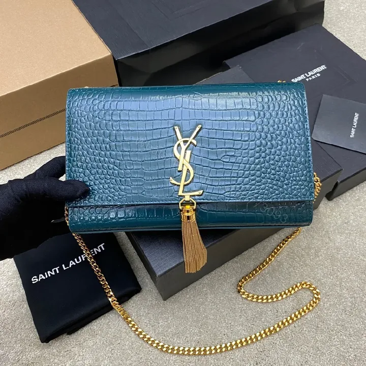 View 1 of Teal Croc-Texture Evening Bag with Gold Monogram Clasp