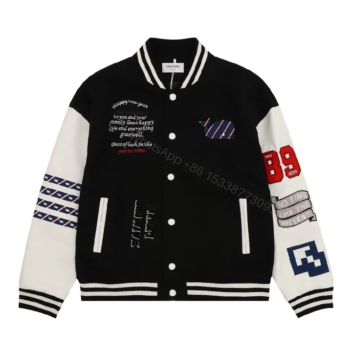 View 1 of Bold Black & Off-White Varsity Jacket with Embroidered Graffiti Details