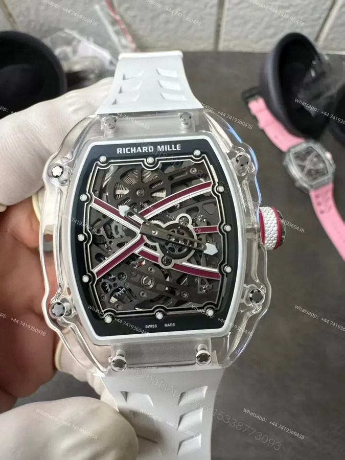 View 1 of Super Clone Richard Mille RM67-02 Sapphire Crystal Skeleton Tourbillon 1:1 Replica Watch with White Rubber Strap