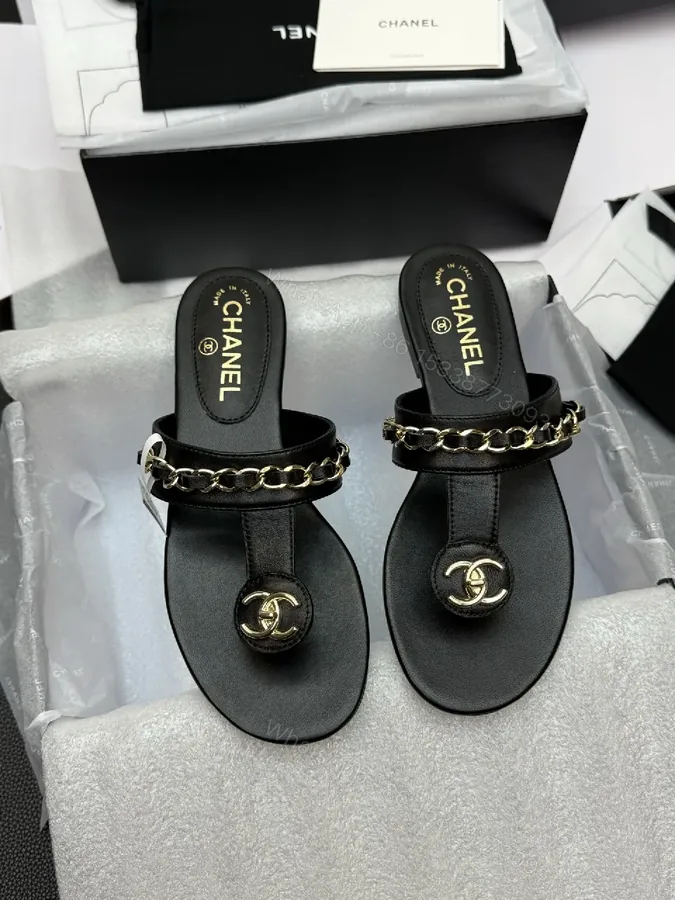 View 1 of Black Leather Chain Sandals, Gold-Tone Detail, Open-Toe, Comfort