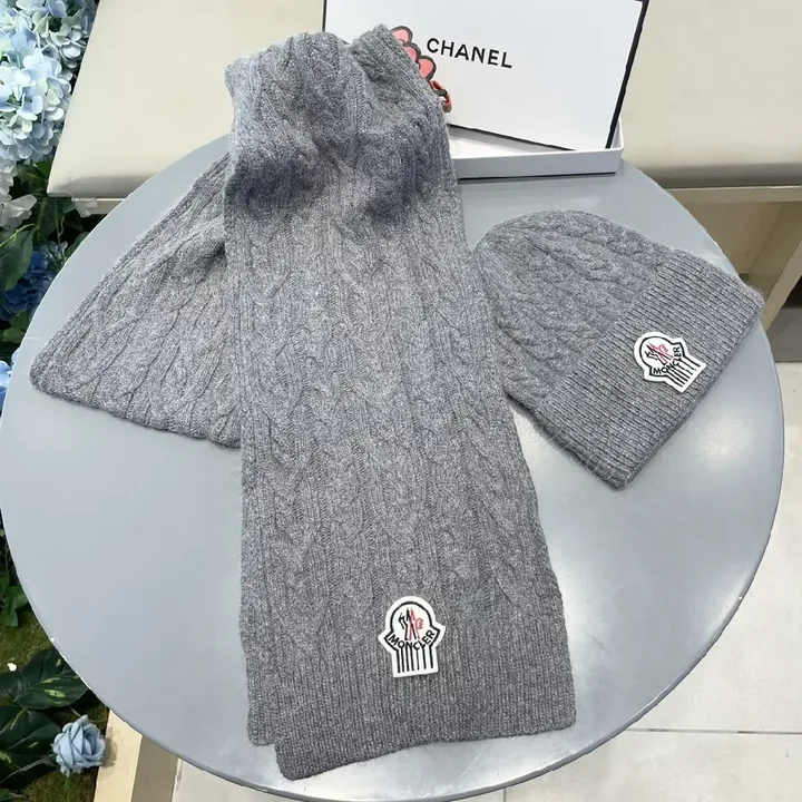 View 1 of Gray Cable-Knit Scarf & Beanie Set — Luxe Warmth, Subtle Moncler-Inspired Detail