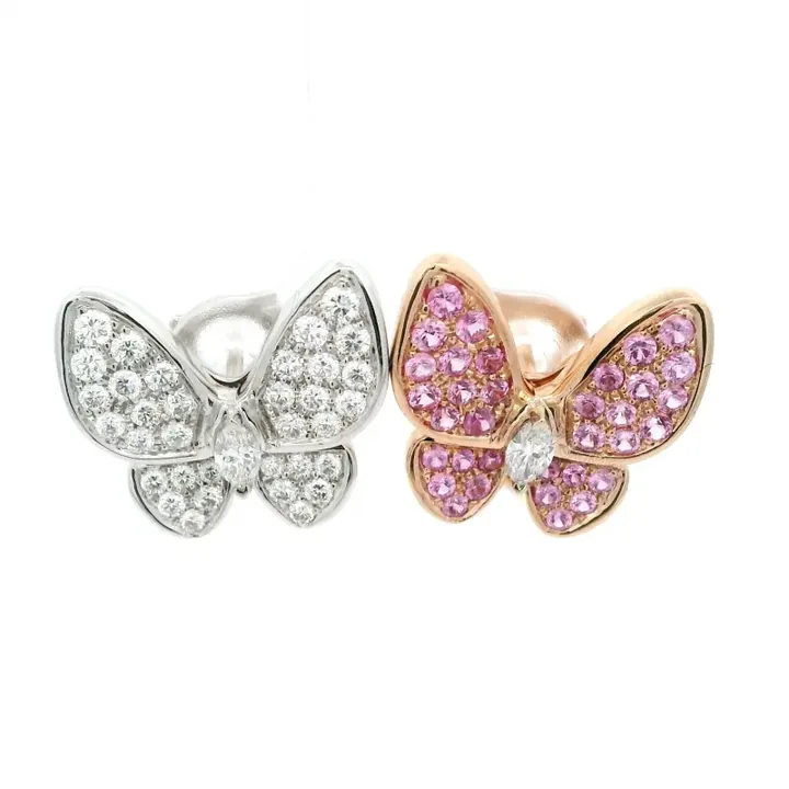 View 1 of 18K Gold Two Butterfly Diamond Pink Sapphires Earrings