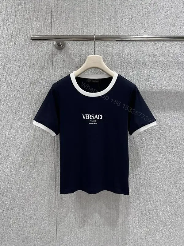 View 1 of Navy Cotton-Blend Tee: White Trim, Modern Luxe Statement