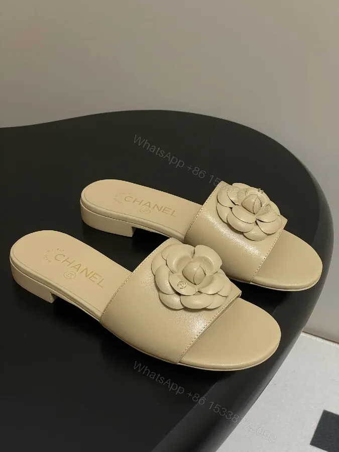 View 1 of Camellia Leather Slides — Soft Nude Comfort, Couture Detail, Everyday Luxury
