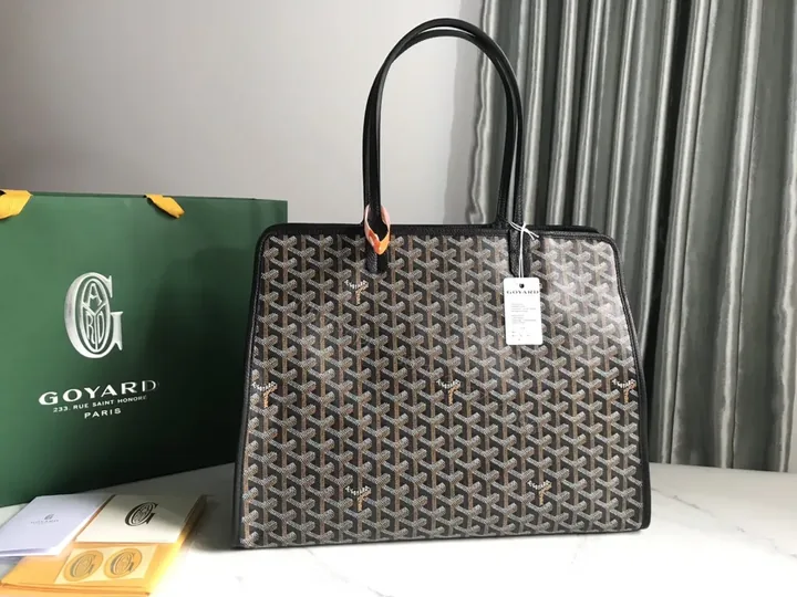 View 1 of Structured Goyard-Pattern Tote: Luxury Office Bag with Leather Trim