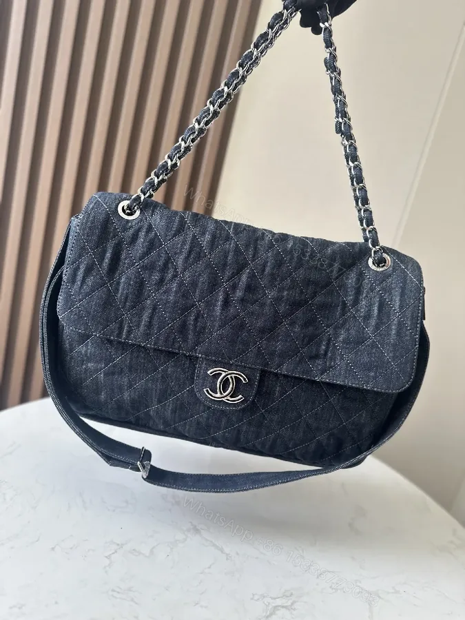 View 1 of Denim-Textured Quilted Bag with Chain-Detail Handle