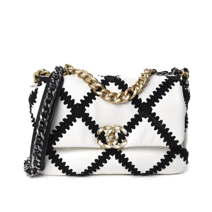View 1 of Chanel 19 Flap Bag Crochet Gold And Silver Tone White Black 24Cm