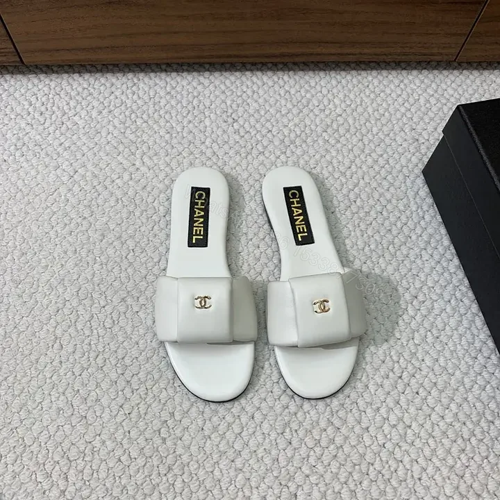 View 1 of White Leather Chanel-Logo Slide Sandals
