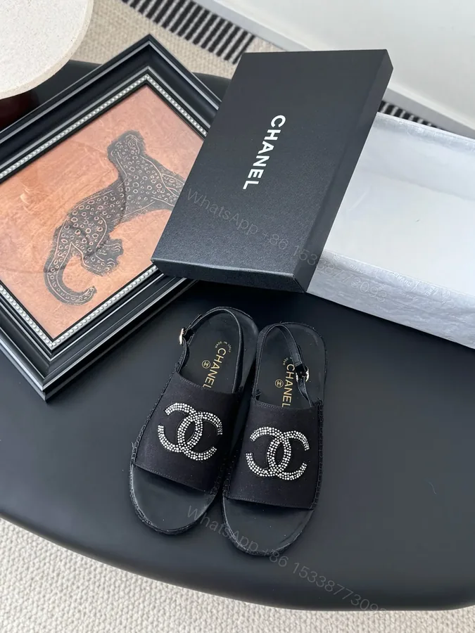 View 1 of Chanel Women Black Fabric Logo Embellished Sandals