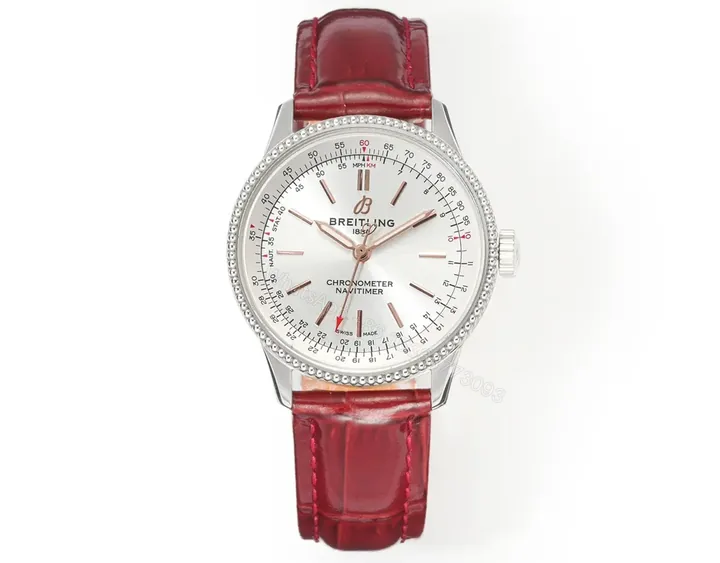 View 1 of GF Factory Breitling Women’s Navitimer Automatic Watch – Silver Dial with Red Leather Strap