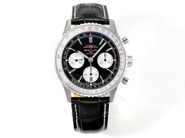 View 1 of Super Clone Breitling Navitimer B01 Reverse Panda Leather Strap 43MM Premium AB0121211B1P2