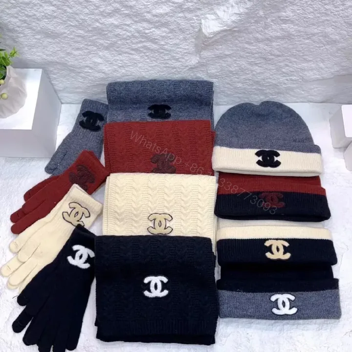 View 1 of Cozy Knit Set: Textured Scarf, Beanie & Gloves with Logo