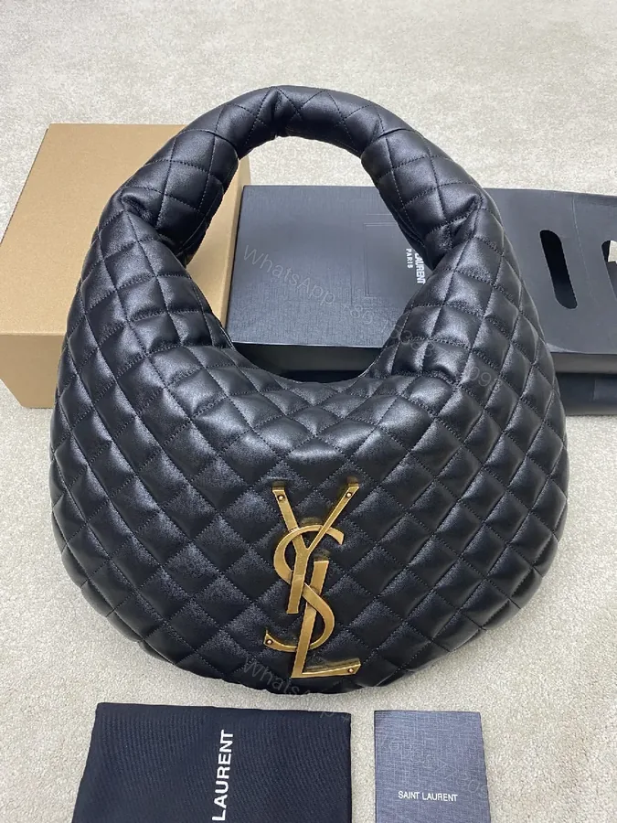 View 1 of Quilted Leather Hobo Bag with Gold Hardware Emblem