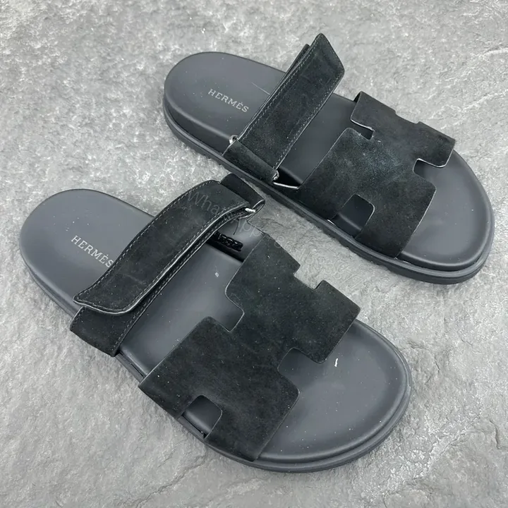 View 1 of Minimalist Black Suede Sandals with Cut-Out Detail - Hermes-Inspired