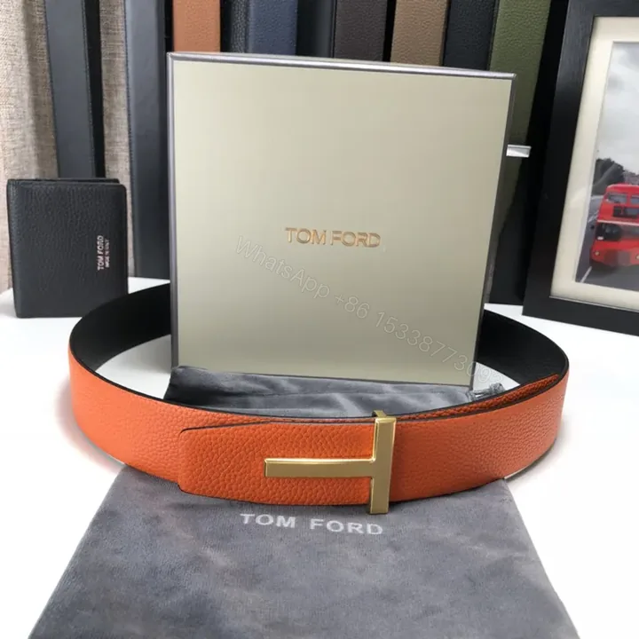 View 1 of Tom Ford Orange Leather Belt with Gold-T Buckle - Luxury Signature Gift