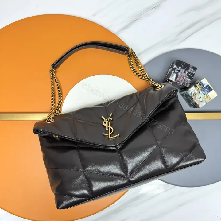 View 1 of Black Quilted Leather Shoulder Bag with Gold Hardware