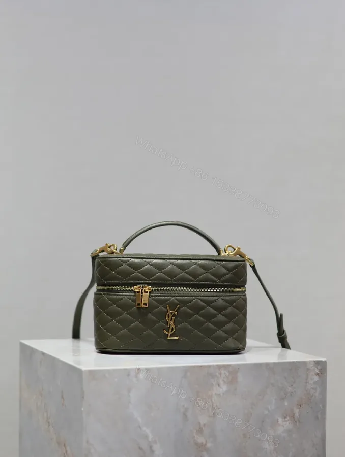 View 1 of Compact Olive Quilted Crossbody with Gold Hardware
