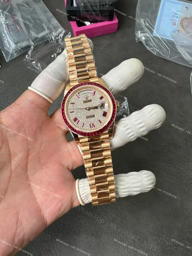 View 1 of Rolex Day-Date 228398TRU 1:1 Custom Edition Ruby & Moissanite Diamond Dial and Bezel 40MM 3255 Movement Super Clone Watch