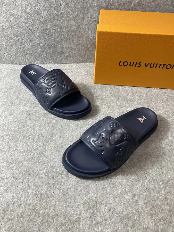 View 1 of Navy Leather Slide: Luxe Minimalist Embossed Comfort Slide