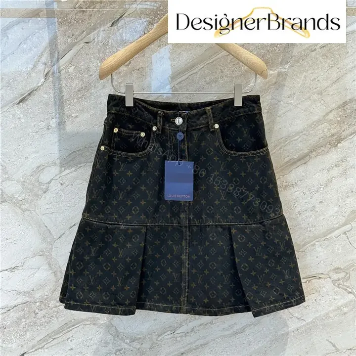 View 1 of Monogram-Denim A-Line Skirt with Visible Hardware