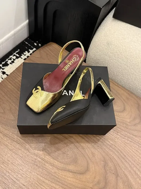View 1 of Gold & Black Slingback Heels: Luxe Comfort, Medium Heel