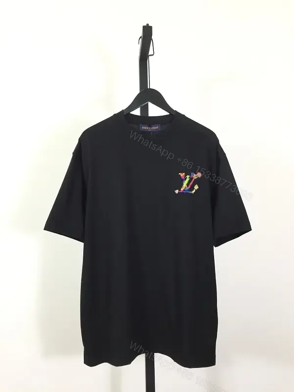 View 1 of Black Cotton Crew-Neck Tee with Multicolor LV Embroidery