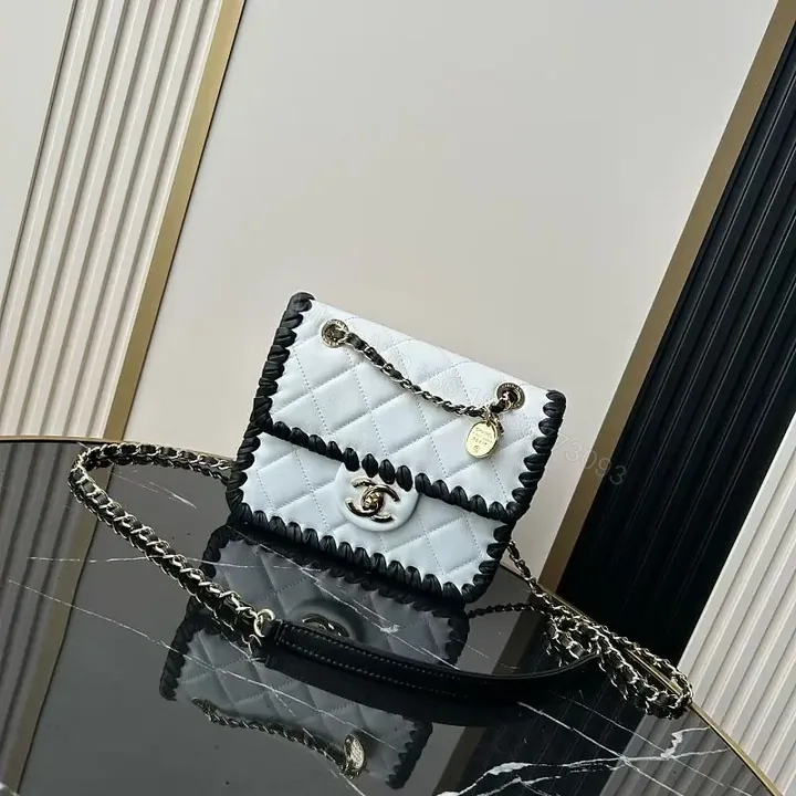 View 1 of White Leather Quilted Flap Bag with Chain Trim, Gold Logo
