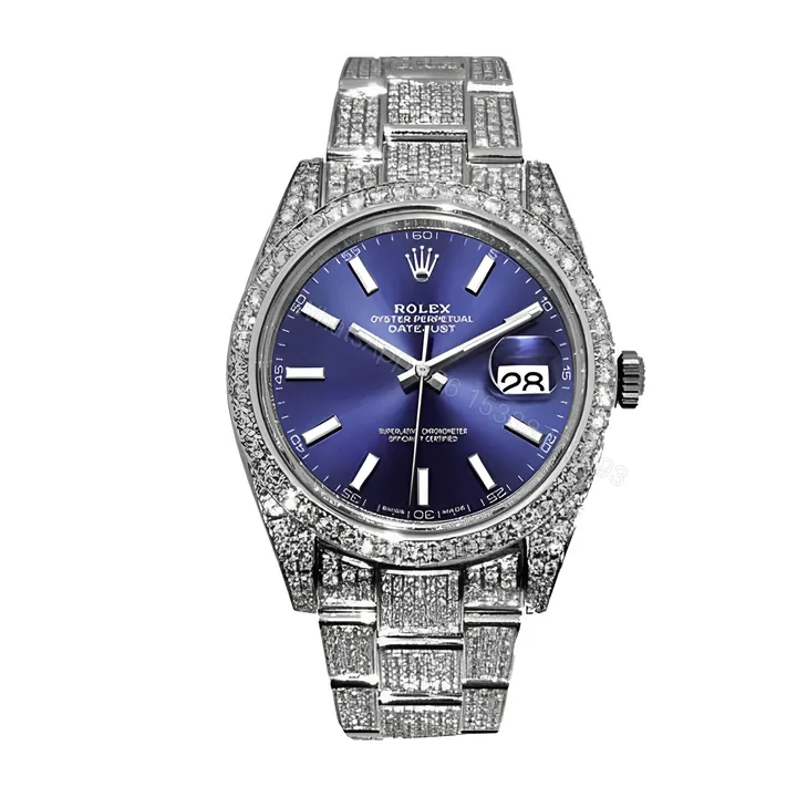 View 1 of Rolex Datejust White Gold Blue Dial Iced Out 126300 Replica