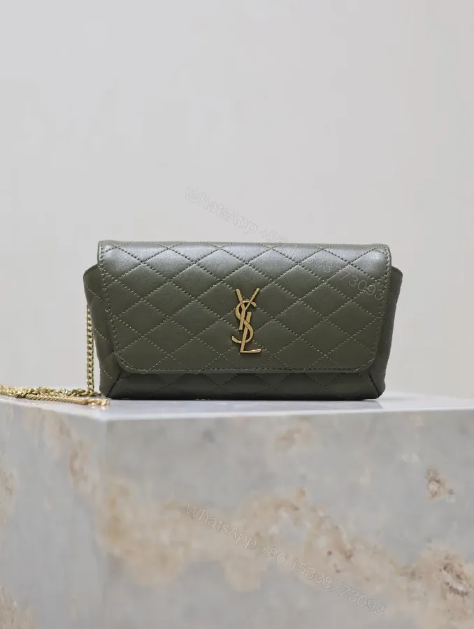 View 1 of Soft-Quilted Leather Clutch with Gold Emblem, Evening Style, Compact Luxury