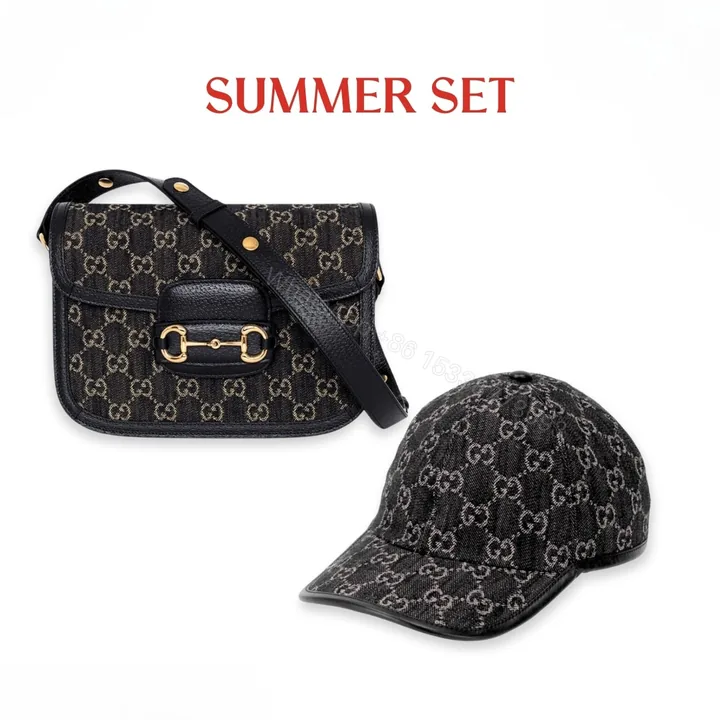 View 1 of SUMMER SET: GUCCI HORSEBIT 1955 ORIGINAL GG SHOULDER BAG BLACK IVORY & GG DENIM BASEBALL HAT BLACK