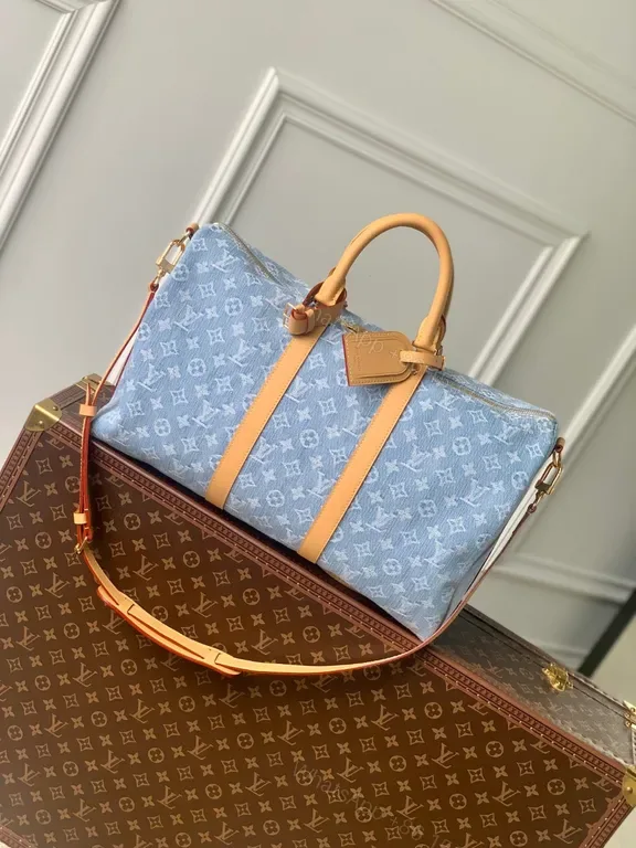 View 1 of Structured Denim Monogram Weekender: Luxury Travel Carryall