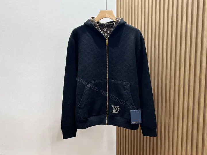 View 1 of Black Knit Zip Hoodie with Subtle LV Patch