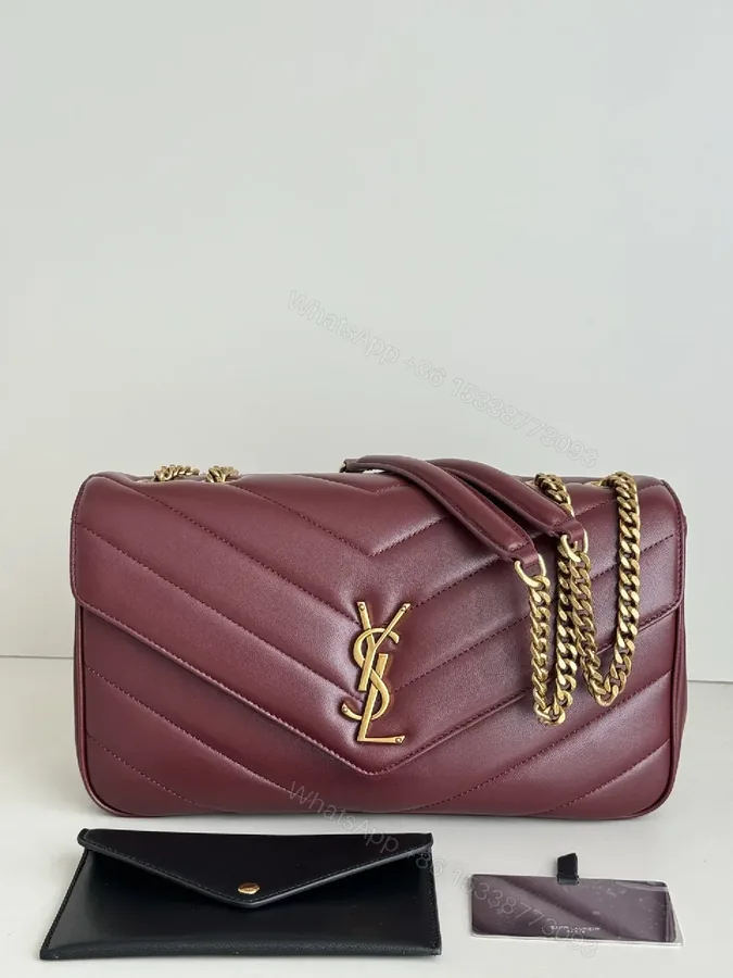 View 1 of Burgundy Quilted Leather Shoulder Bag with Gold Hardware