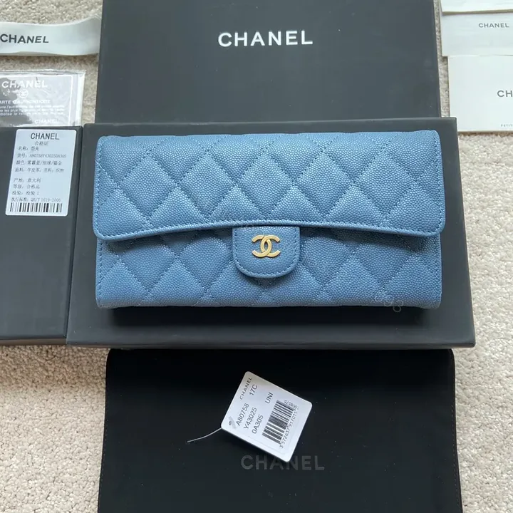 View 1 of Blue Quilted Denim Wallet: Chanel-Style, Gold Hardware, Compact Luxury