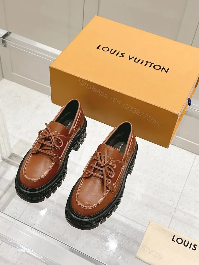 View 1 of LV Women Brown Leather Chunky Sole Loafers