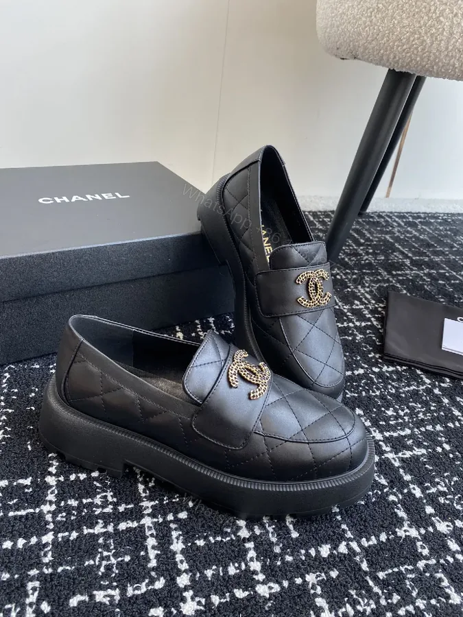 View 1 of Quilted Leather Loafer Black with Gold Emblem Luxury Comfort