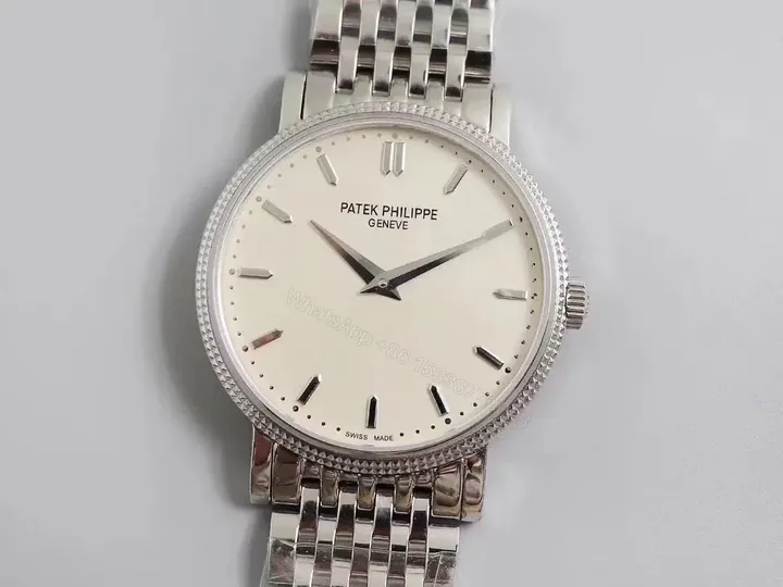 View 1 of Patek Philippe Calatrava 5120G White Dial with Roman Numerals and Baton Hands Ultra Thin Italian Leather Strap Cal.240 Movement Platinum Coated Beaded Bezel