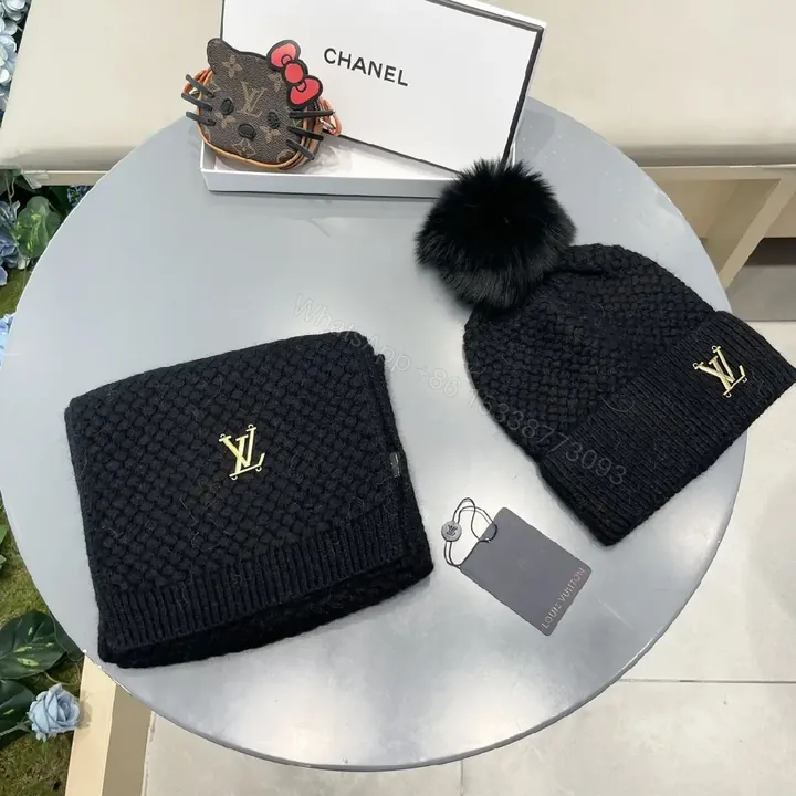 View 1 of Textured Knit Beanie & Scarf Set - Black, Gold Accent