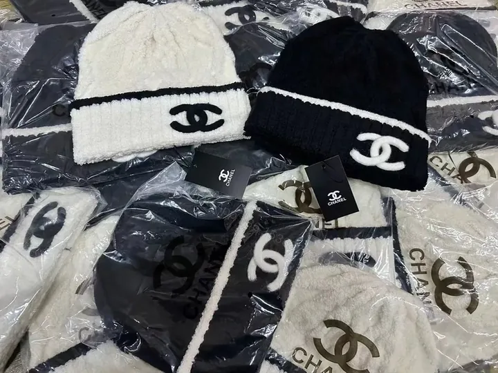 View 1 of Chic Knit Beanie Set: Luxury Logo Stripe Details