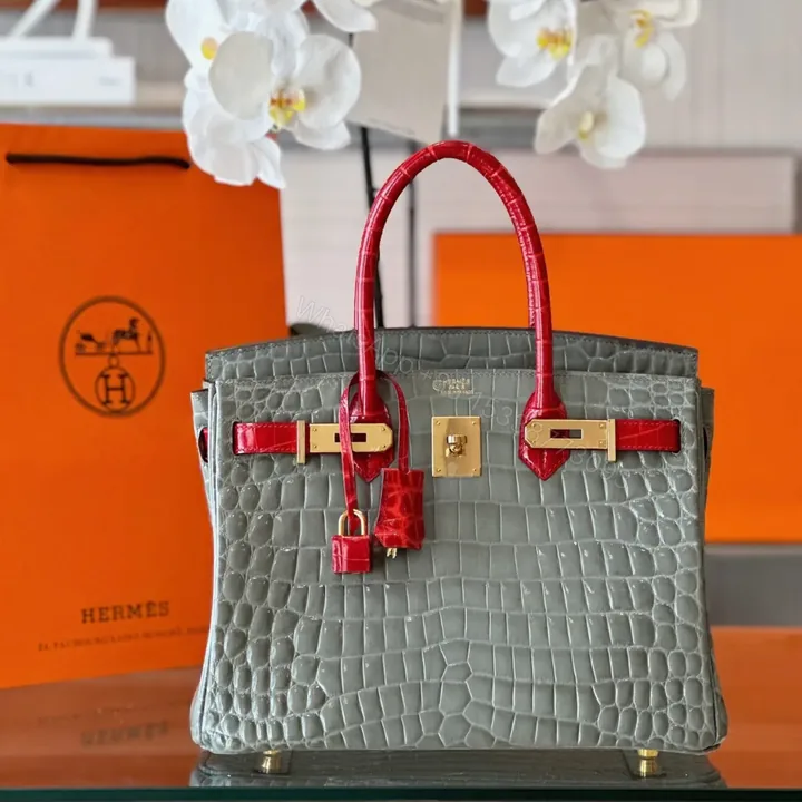 View 1 of HN Genuine Crocodile Leather Gray and Red Custom Made