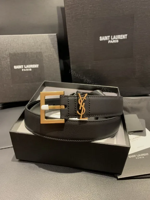View 1 of Black Calfskin Belt with YSL Gold Buckle â€“ Modern Luxury Belt