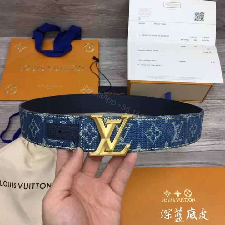 View 1 of Denim Monogram Belt with Gold LV Buckle - Luxury Accessory