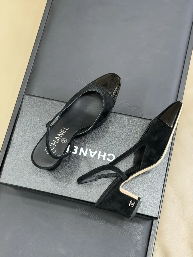 View 1 of Black Suede Slingback Heels with Patent Toe Cap, Luxe, Comfort-First