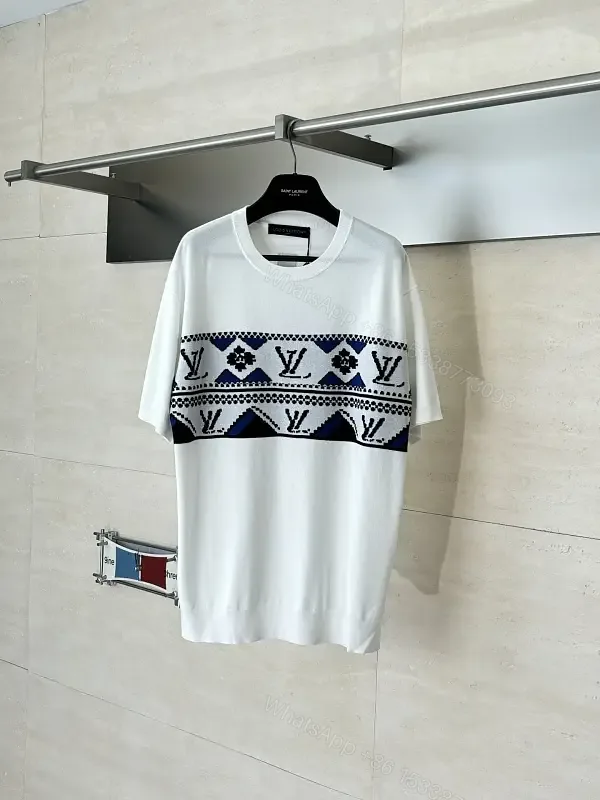 View 1 of White Linen-Blend? Crew-Neck Tee Bold LV-Geometric Chest Band T-Shirt