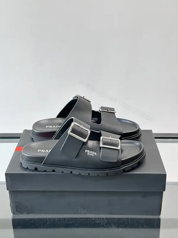View 1 of Black Leather Double-Buckle Sandals — Prada Style Sliders